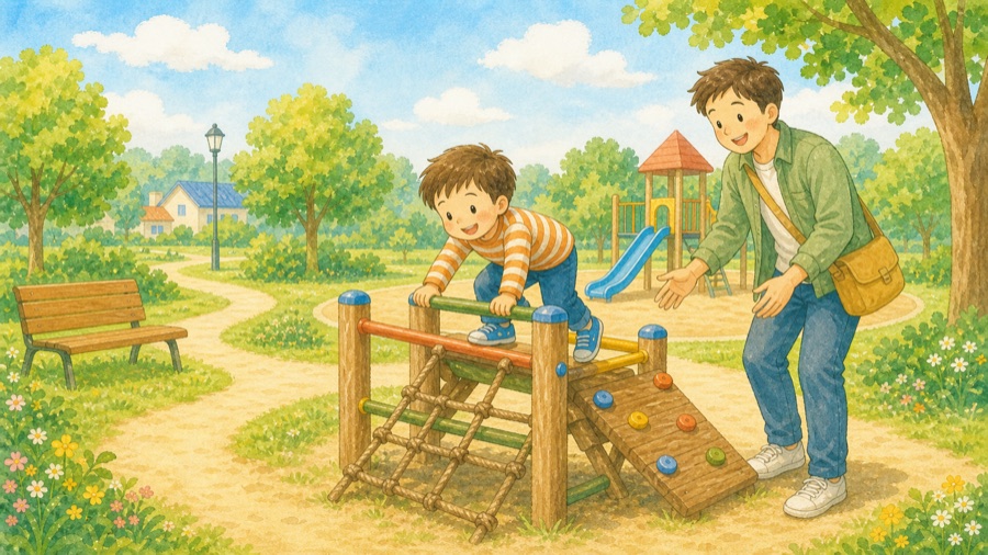 公園の遊具で父親と子どもが遊んでいる水彩イラスト