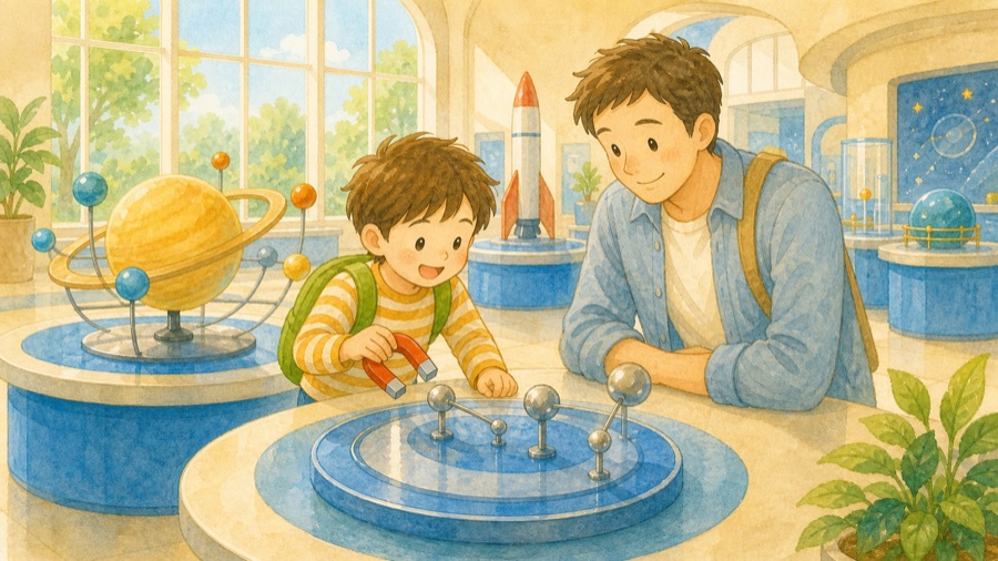 科学館で父親と子どもが展示を見ている水彩イラスト